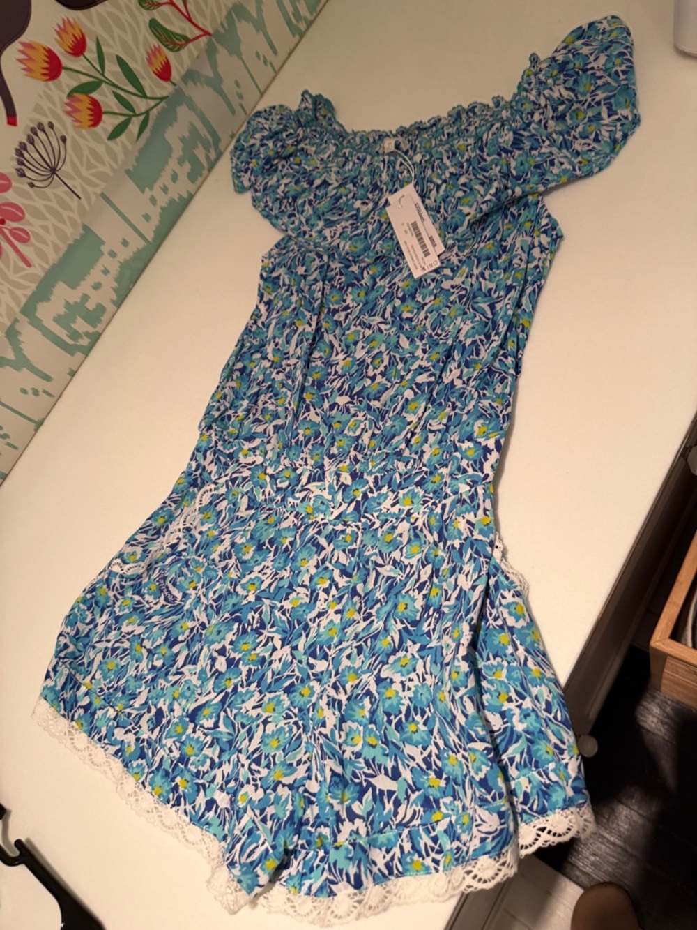 Poupette St. Barth Blue Floral Off-Shoulder Kids Dress